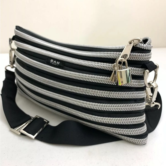 BAM BAGS Black Silver Tone Zipper Purse Black Canvas Strap Shoulder Bag Handbag - Picture 5 of 7